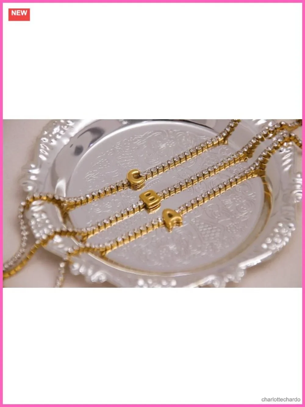 Gold Initial Charm Bracelet Link Rhinestone Women